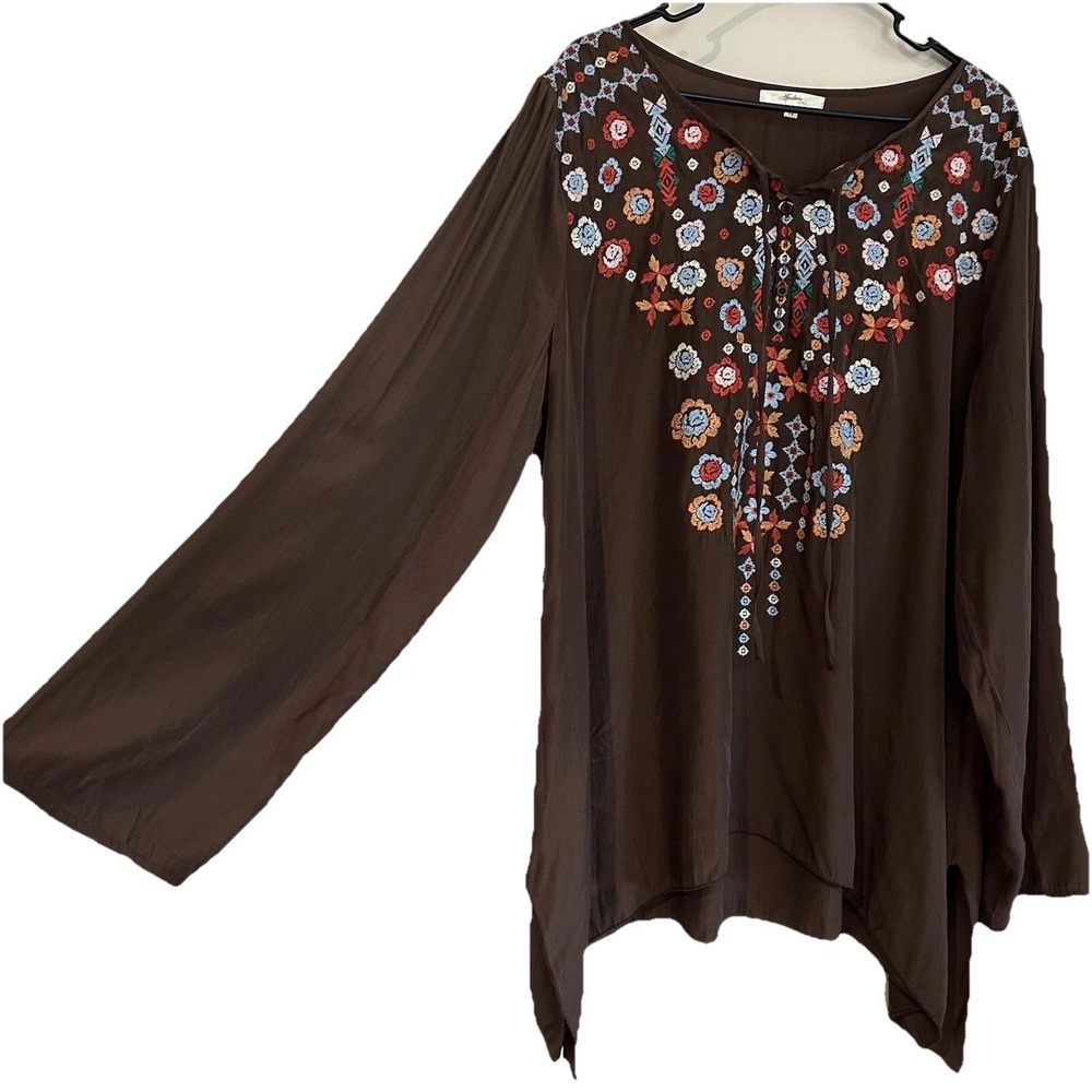 Andree by Unit Top 3X Brown Floral Embroidered Boho  Long Sleeve Lightweight